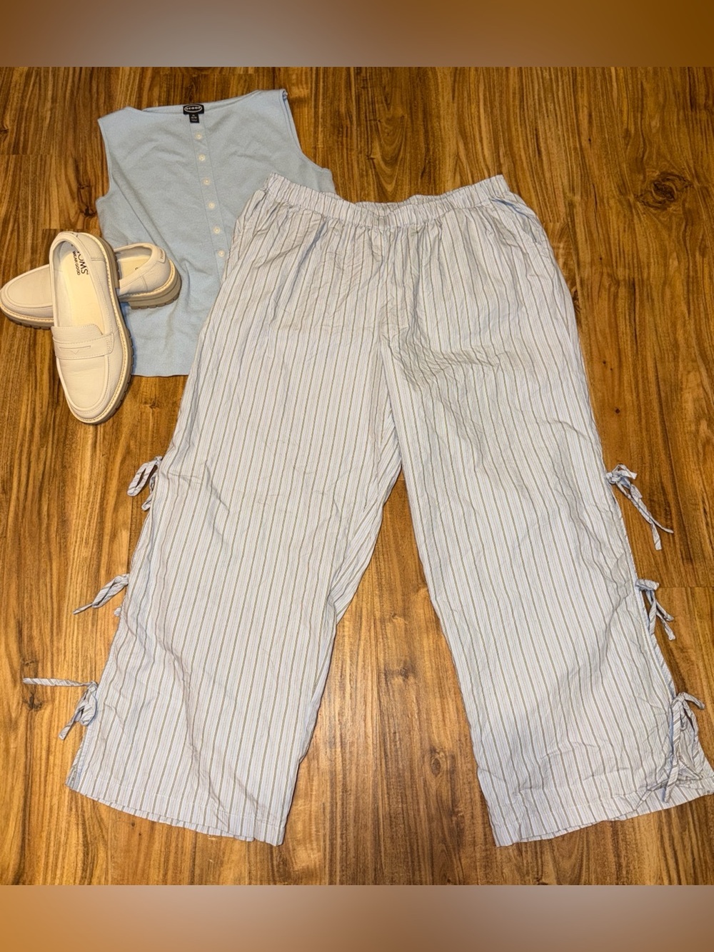 Wild Fable women xl pants wide leg high rise tie legs blue white black